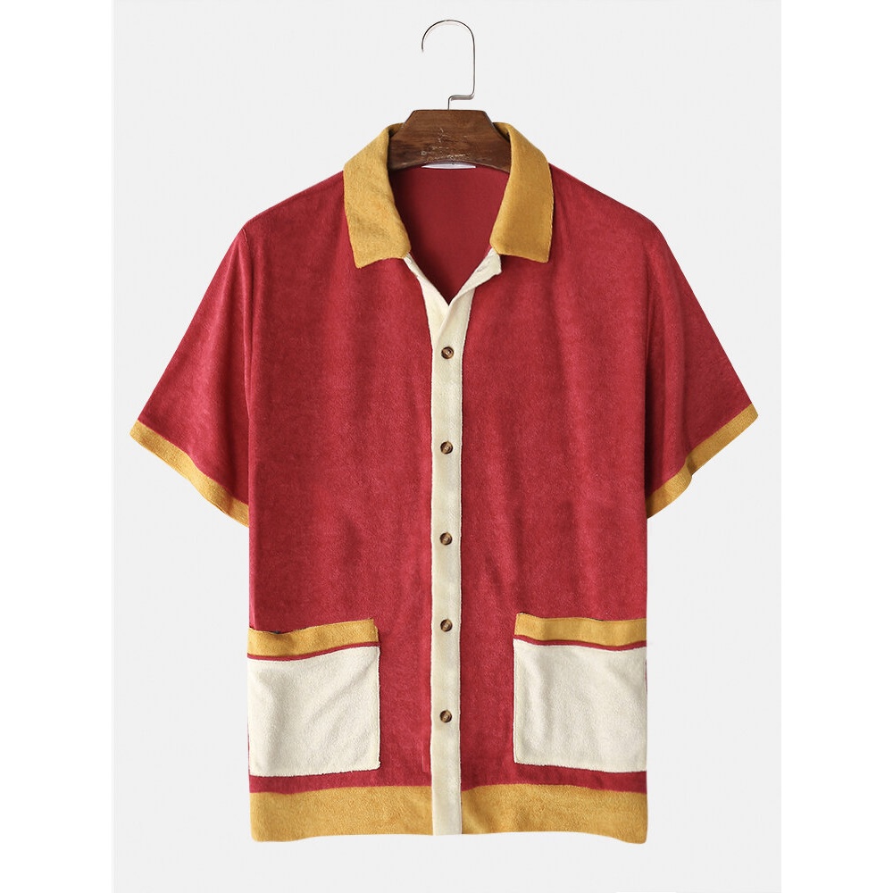 Mens Fashion Colorblock Double Pockets Casual Shirts - Red 2XL