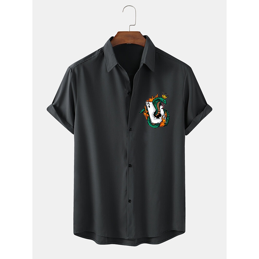 Mens Casual Dragon Pattern Breathable Solid Color Shirts - Black S