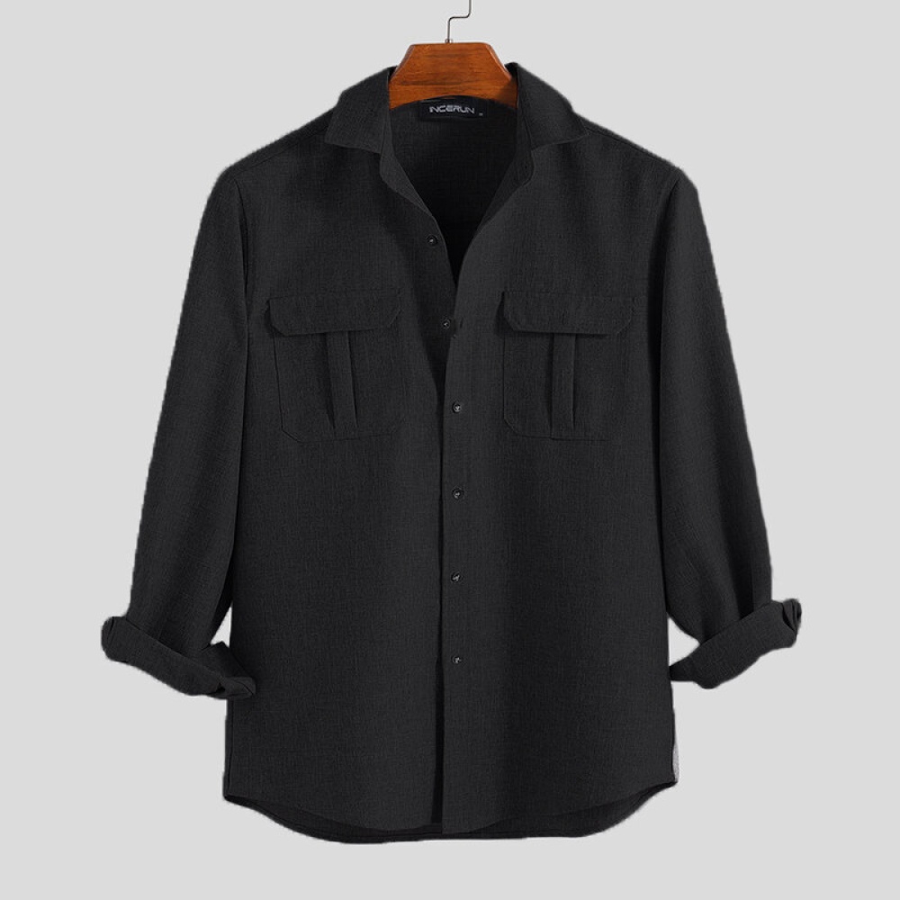 Mens Vintage Double Pockets Pure Color Long Sleeve Shirts - S Black