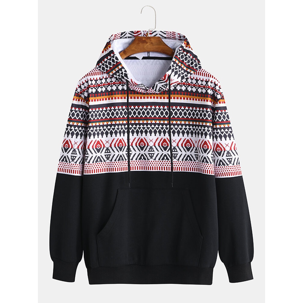 Mens Loose Fashion Printing Ethnic Style Hooded Sweatshirt - 3XL As Picture