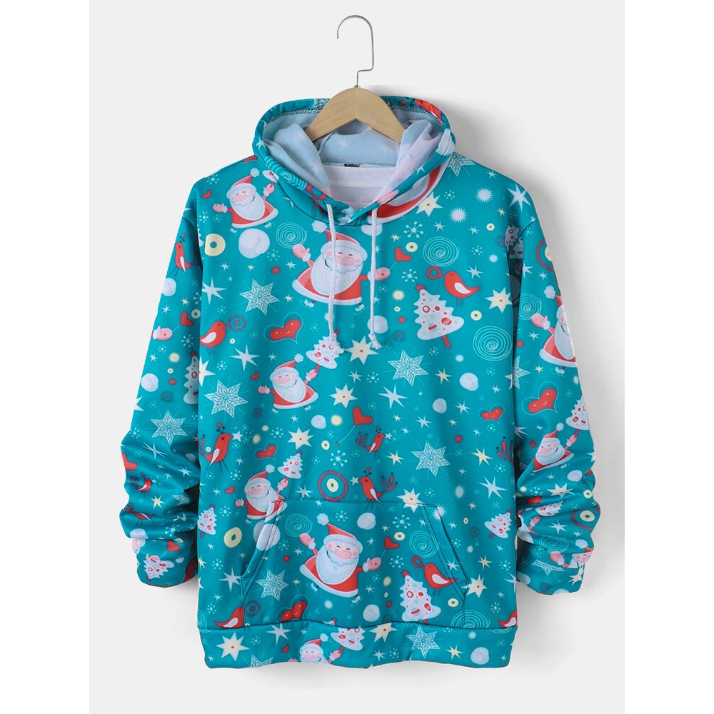 Mens  Santa Claus Allover Print Pouch Pocket Drawstring Hoodies - Blue XL