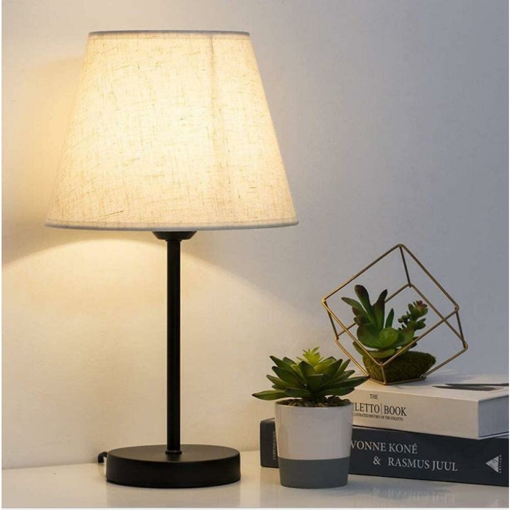 Double USB+AC Socket+touch Development Linen Lampshade Bedroom Bedside Table Lamp