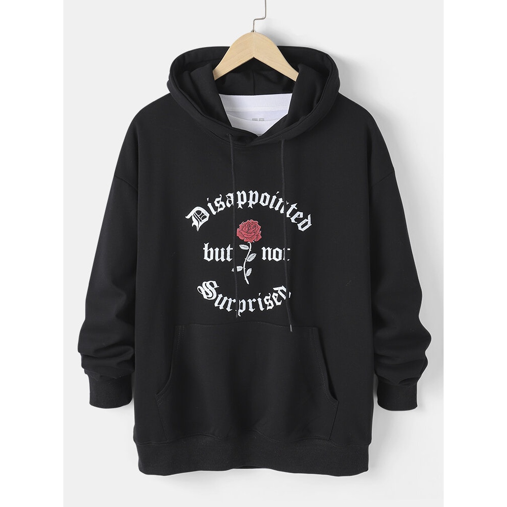 Mens 100% Cotton Rose Slogan Graphic Print Casual Drawstring Hoodie - Khaki L