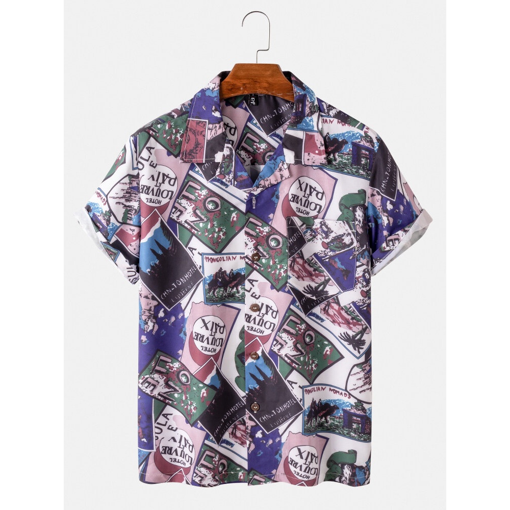 Mens Cartoon Print Short Sleeve Revere Collar Casual Shirts - White L