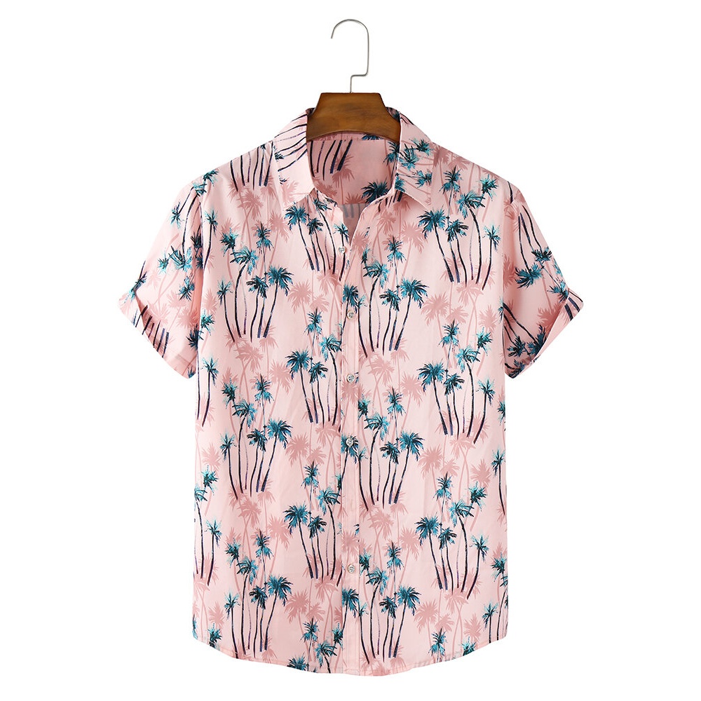 Mens Coconut Tree Print Tropical Holiday Casual Light Short Sleeve Shirts - Pink S