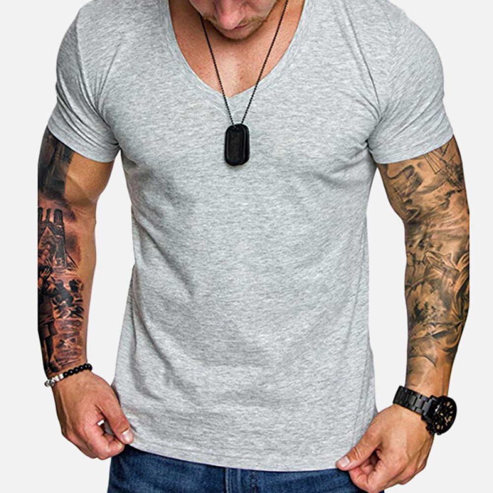 Men Solid Color V-neck Muscle Fit T-Shirts - S Red