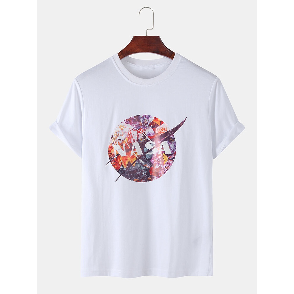 Mens Designer Moon Floral License Crew Neck Short Sleeve Breathable T-Shirts - White M