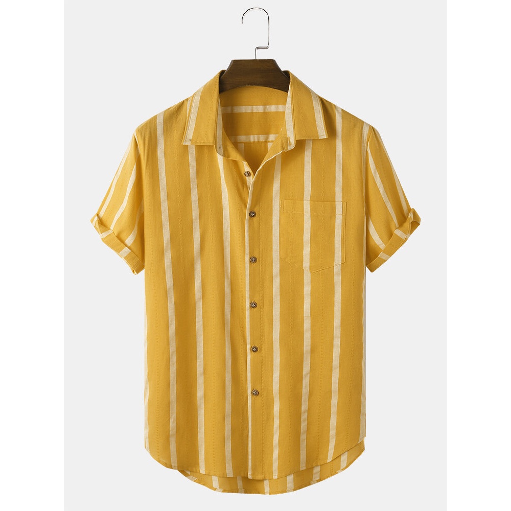 Mens Casual Stripe Breathable Pocket Short Sleeve Shirts - Yellow S