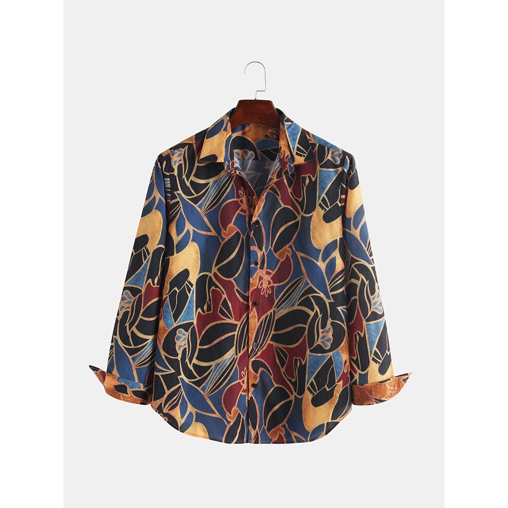 Mens Ethnic Style Colorful Printing Long Sleeve Turndown Collar Loose Casual Shirts - XL As Picture