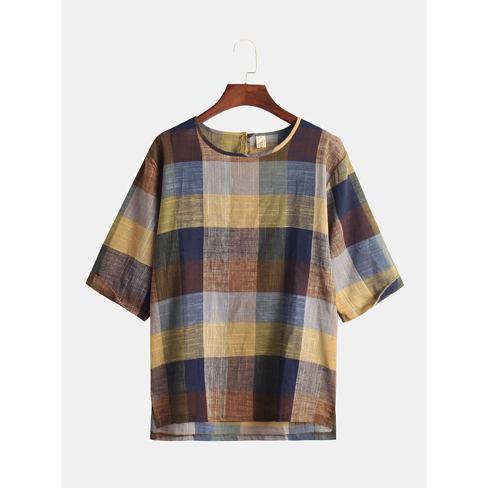 Mens Summer Plaid Color Blocks Breathable Round Neck T-shirts - 2XL Red