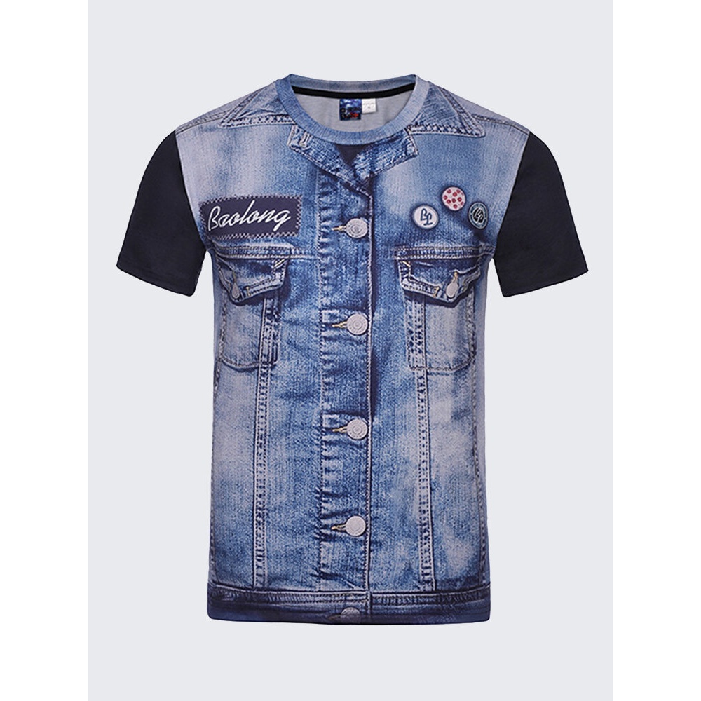 Mens Fashion Creative 3D Denim Jacket Printed T-Shirts Casual O-neck Short Sleeve Tops Tees - XL Denim Blue