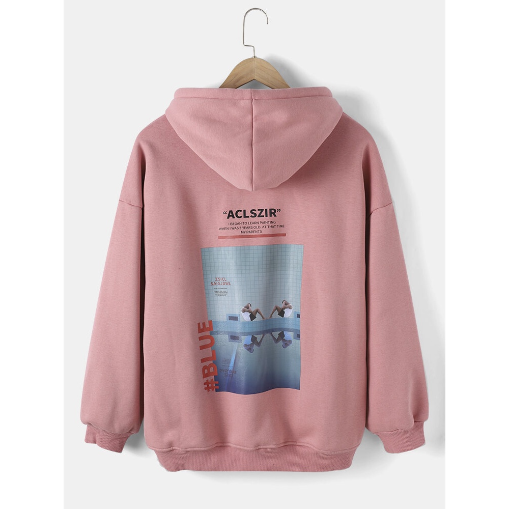 Mens Letter Back Graphic Print Cotton Pouch Pocket Casual Drawstring Hoodies - White XL