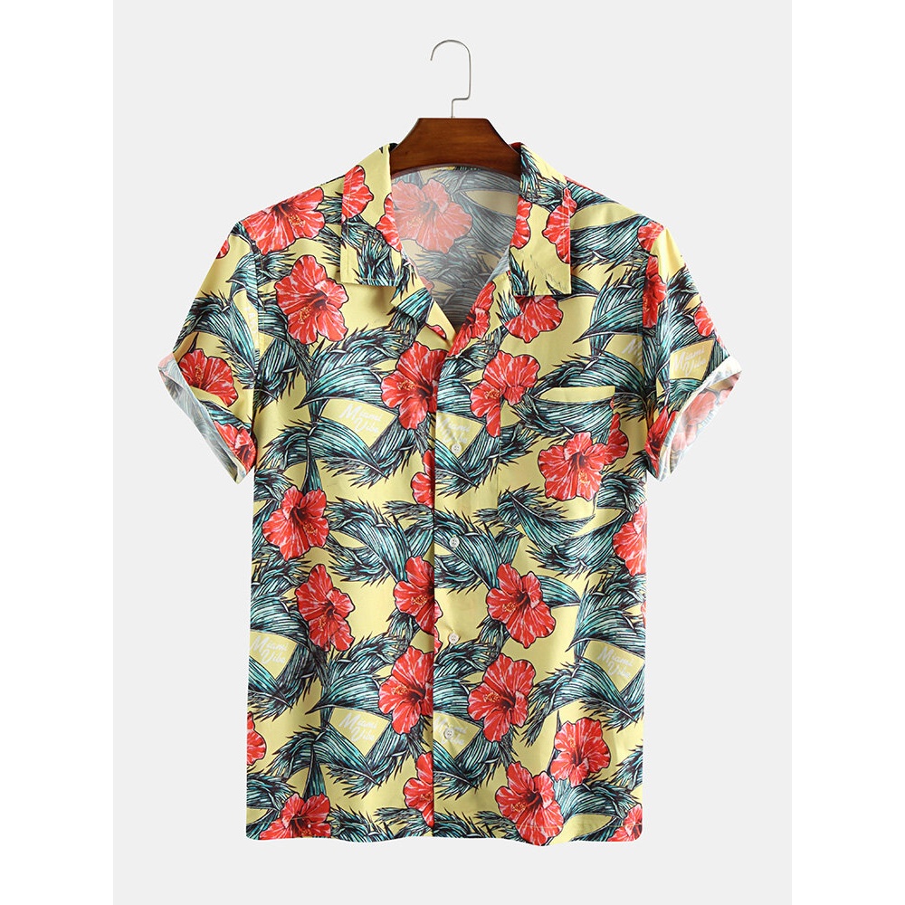 Floral Print Short Sleeve Hawaiian Shirts - M Red