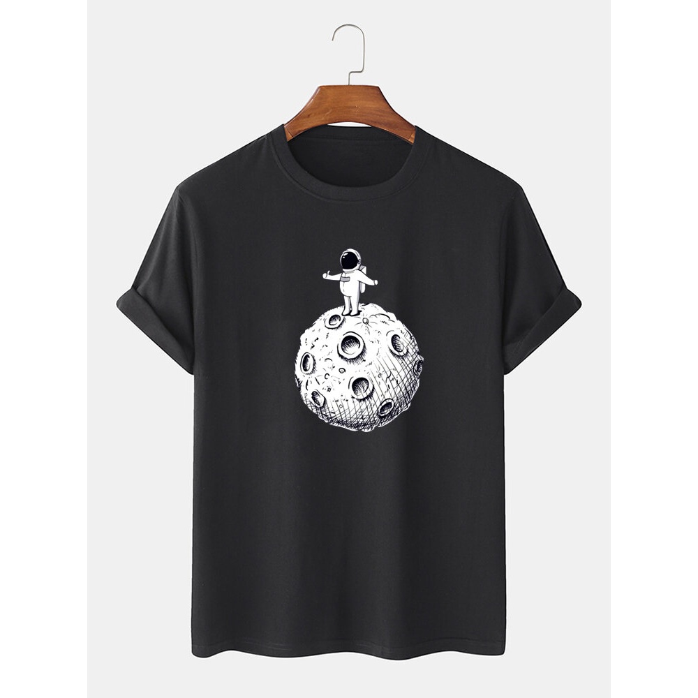 Cute Cartoon Space Astronaut Print 100% Cotton Short Sleeve T-Shirts - Black M
