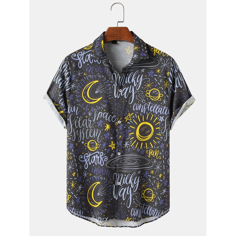 Mens Cartoon Moon&Sun Print Lapel Short Sleeve Shirt - Black M