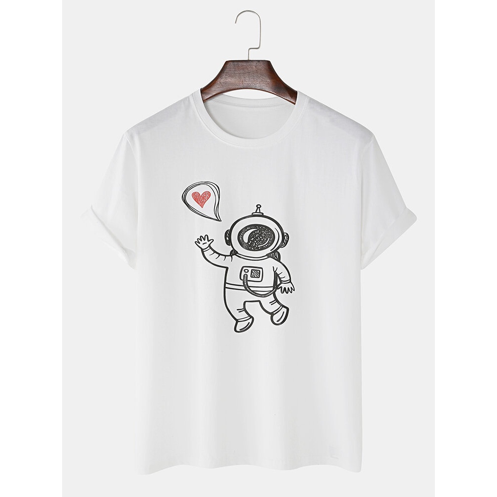 Cute Cartoon Astronaut Print Short Sleeve White Loose T-Shirts - White S