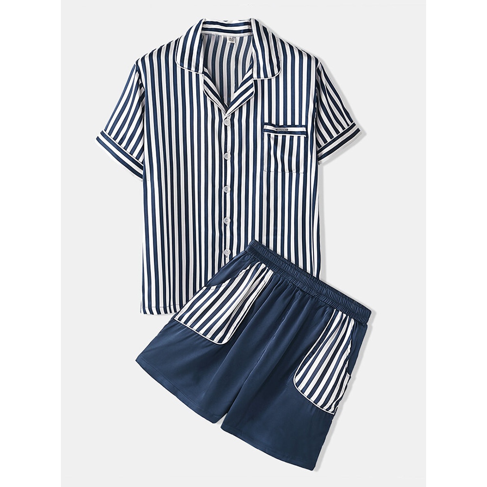 Mens Casual Striped Pocket Breathable Shirts Elastic Waist Shorts - M Striped