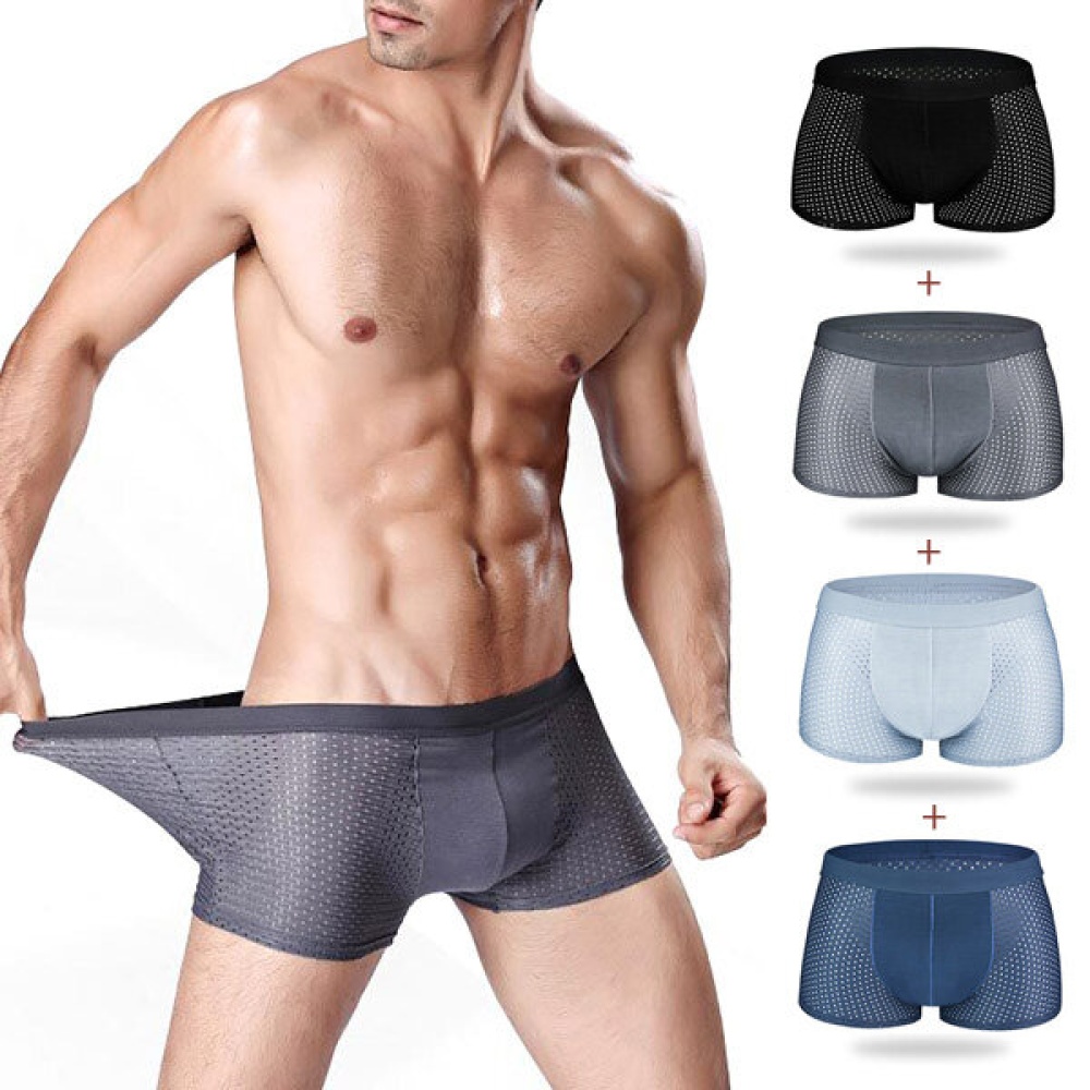 4 Pieces Mens Mesh Ice Silk Breathable Soft Underwear U Convex Mid Waist Boxers Briefs - 2XL #01 - Image 2