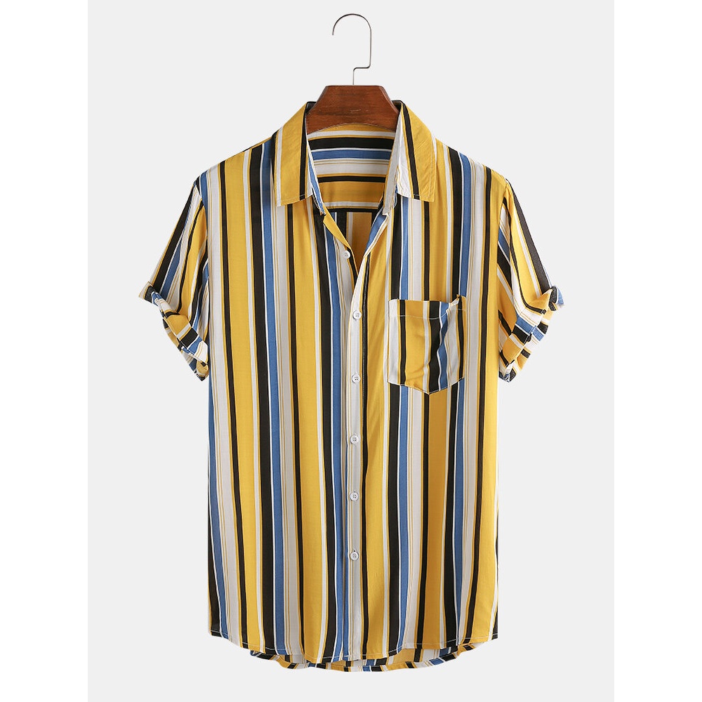 Mens Colorful Stripe Patch Pocket Breathable Casual Holiday Shirts - Yellow M