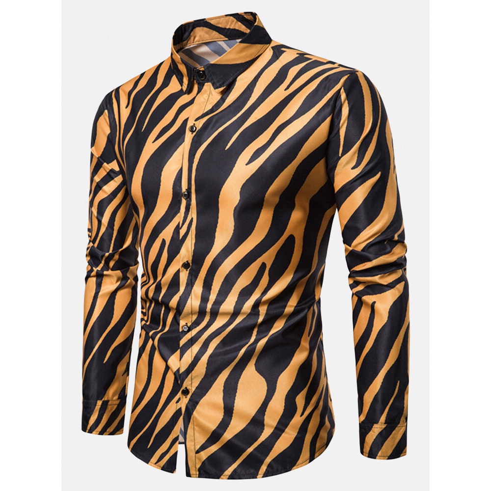 Mens Zebra Pattern Print Stylish Lapel Relaxed Fit Long Sleeve Shirts - White XL