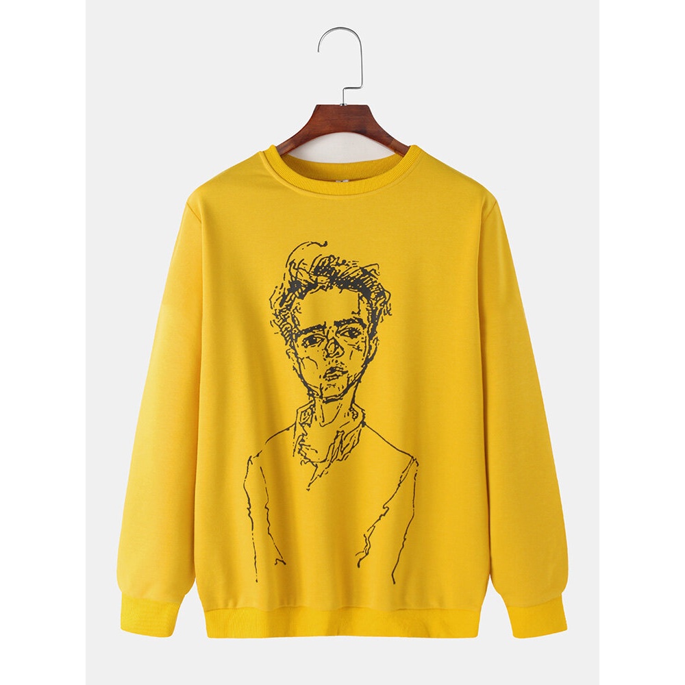 Men Figure Art Print Bodycon Hem Long Sleeve Pullover Sweatshirt - Yellow S