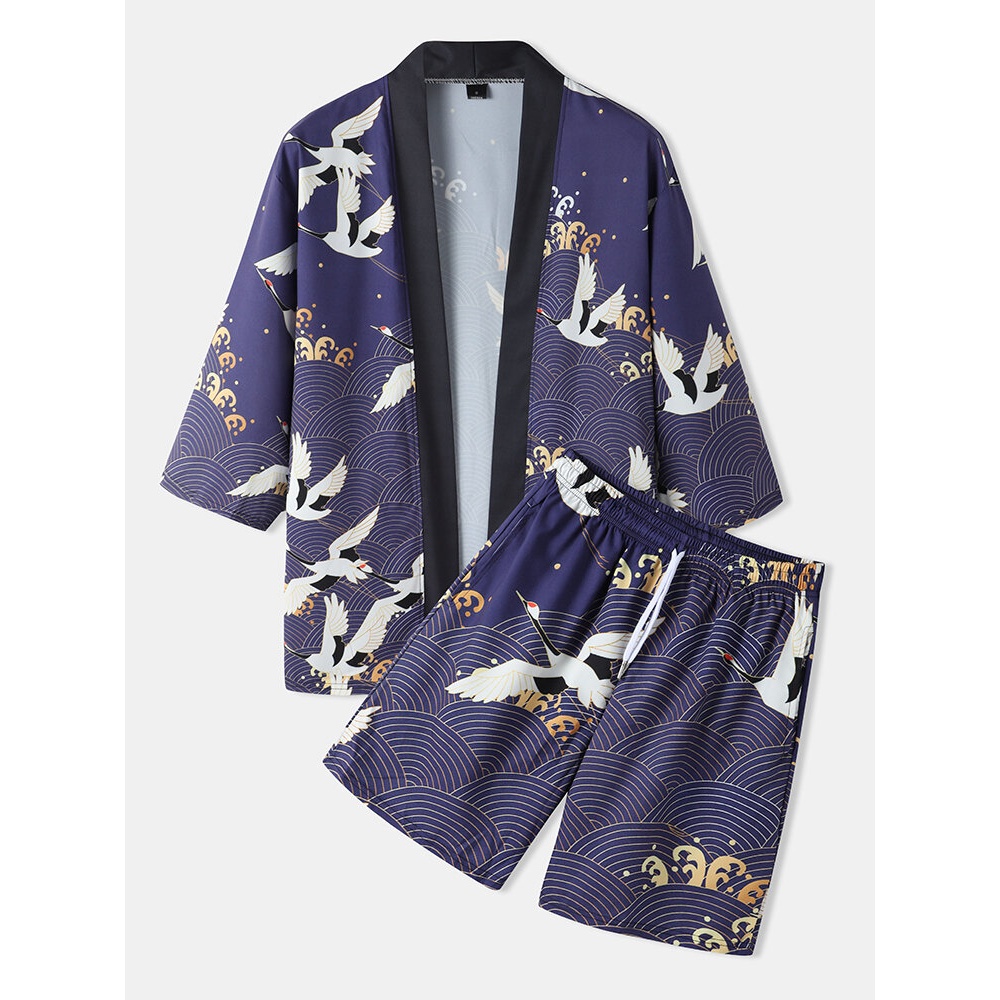 Mens Kimono Ethnic Style Crane Print Open Front Casual Two Pieces Outfits - Purple S