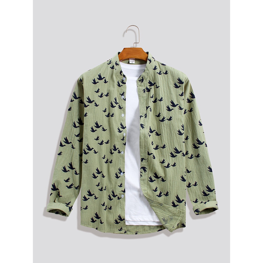 Linen Birds Print Long Sleeve Stand Collar Casual Shirts - White XL