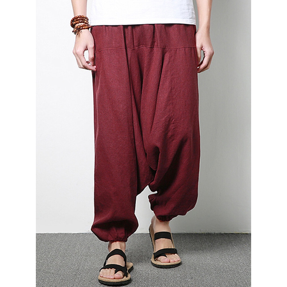 Men Cotton Linen Harem Pants Casual Baggy Loose Trousers Fashion Wide Legs Trousers - 4XL Black