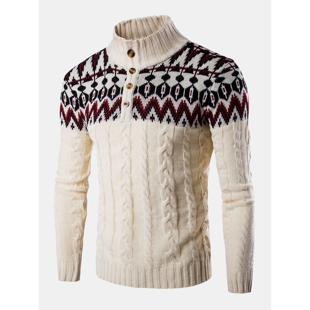 Mens Graphics Knitted Half Button Warm Cable Sweaters - S Beige