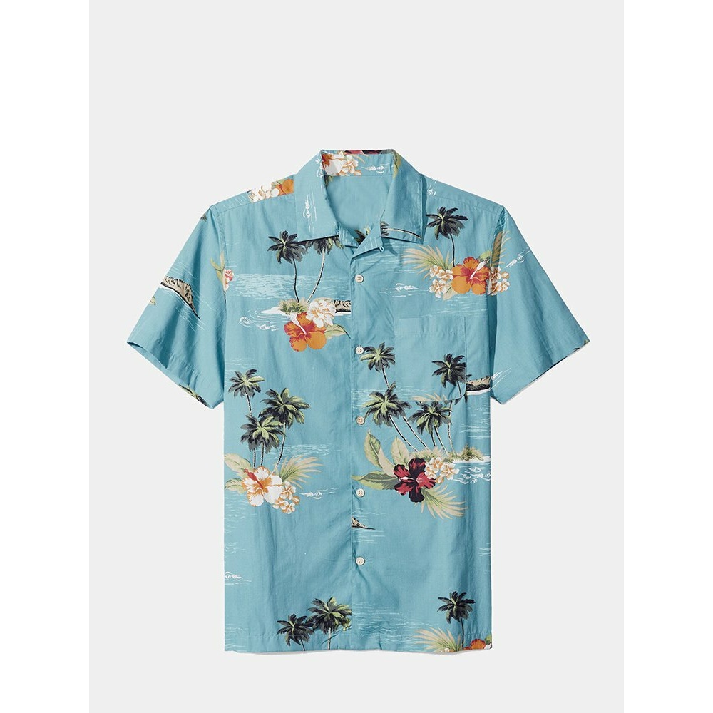 Men Tropical Plant Print Short Sleeve Hawaiian Revere Shirts - 2XL Blue