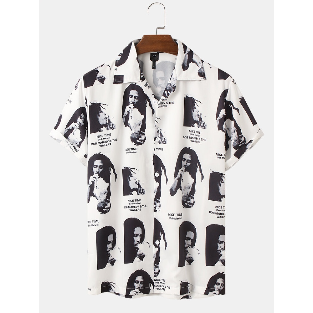 Mens Reggae Cartoon Figure Reggae Casual Shirts - White S