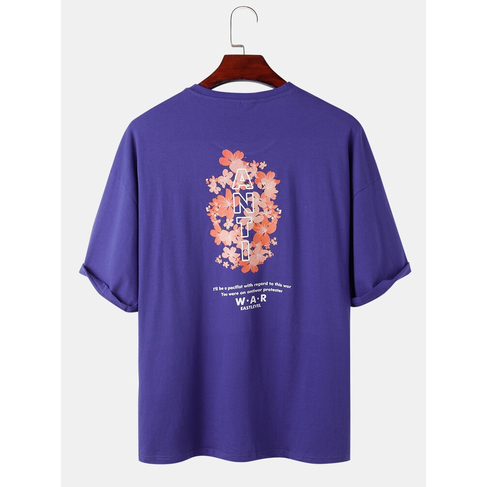 Mens Floral Letter Back Print 100% Cotton Short Sleeve Relaxed T-Shirts - Purple 2XL