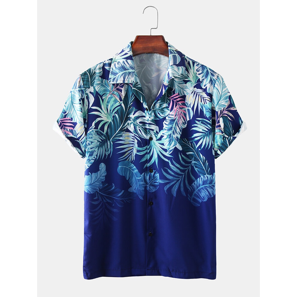 Mens Plant Leaf Print Light Casual Revere Collar Short Sleeve Shirts - Green L