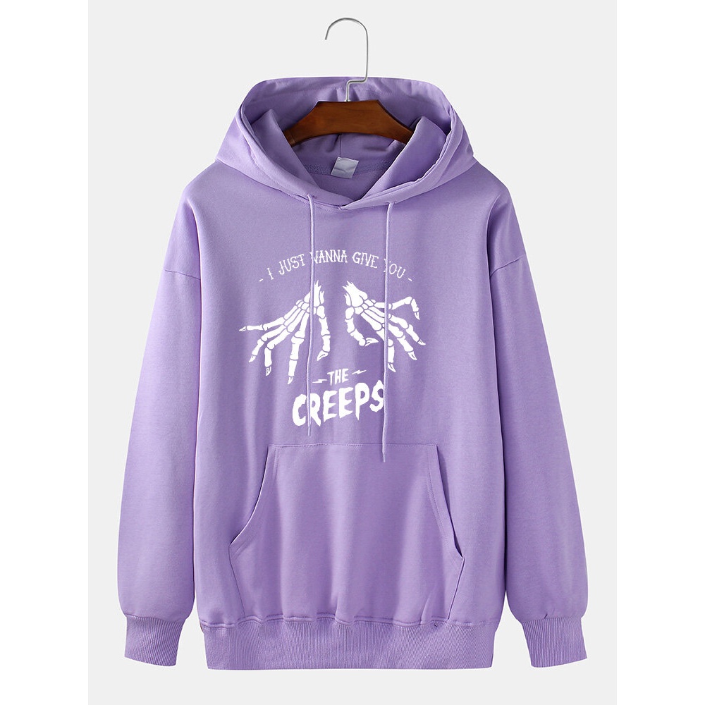 Mens 100% Cotton Skeleton & Letter Print Long Sleeve Hoodies - Black L