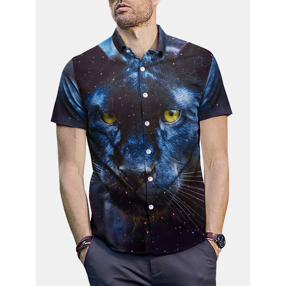 Men Fashion Single Breasted Leopard Print T-Shirts - L Blue