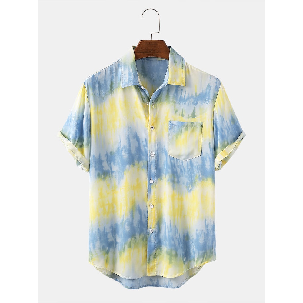 Mens Casual Patchwork Tie Dye Print Turn Down Collar Shirts - Yellow M