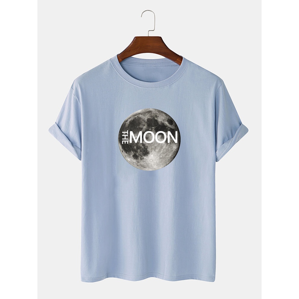 Mens 100% Cotton Moon Graphic Print Solid O-Neck Casual Short Sleeve T-Shirt - Black S