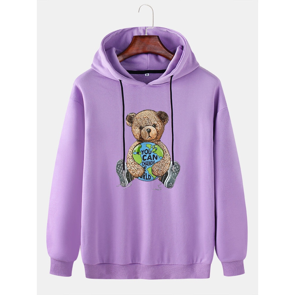 Mens Doll Bear Print Long Sleeve Cute Hoodies - White S