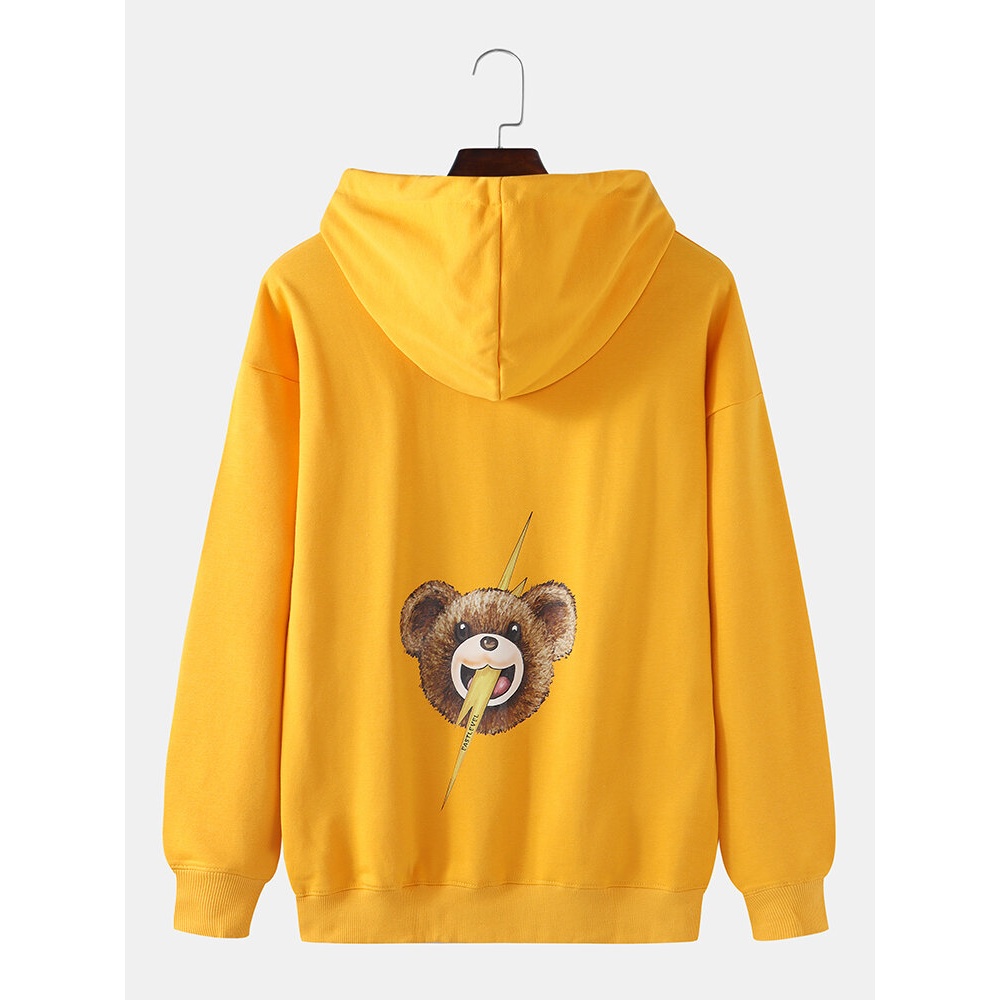 Mens Cartoon Bear Print Drop Shoulder Kangaroo Pocket Cute Hoodies - Orange L