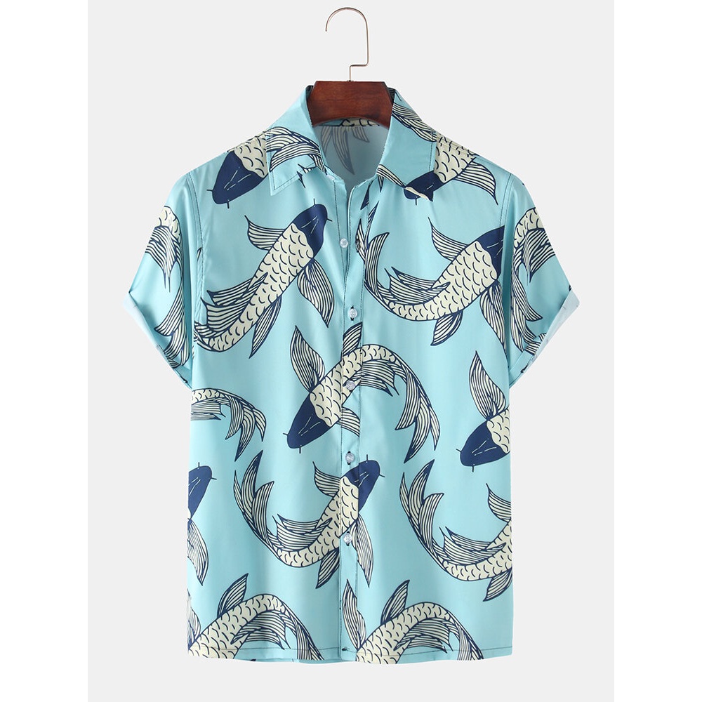 Mens Carps Cartoon Light Short Sleeve Casual Shirts - Yellow M