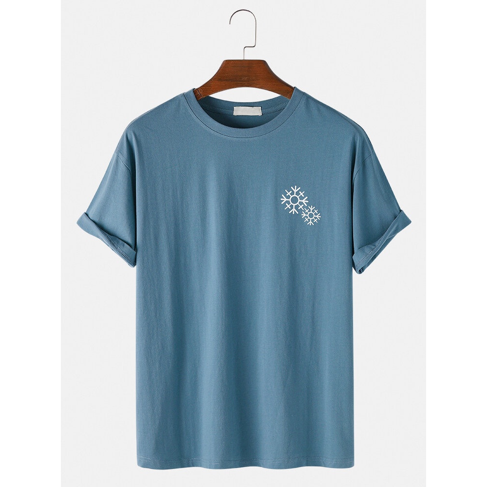 Mens Solid Color Snowflake Print O-Neck Casual Short Sleeve T-Shirt - Black S