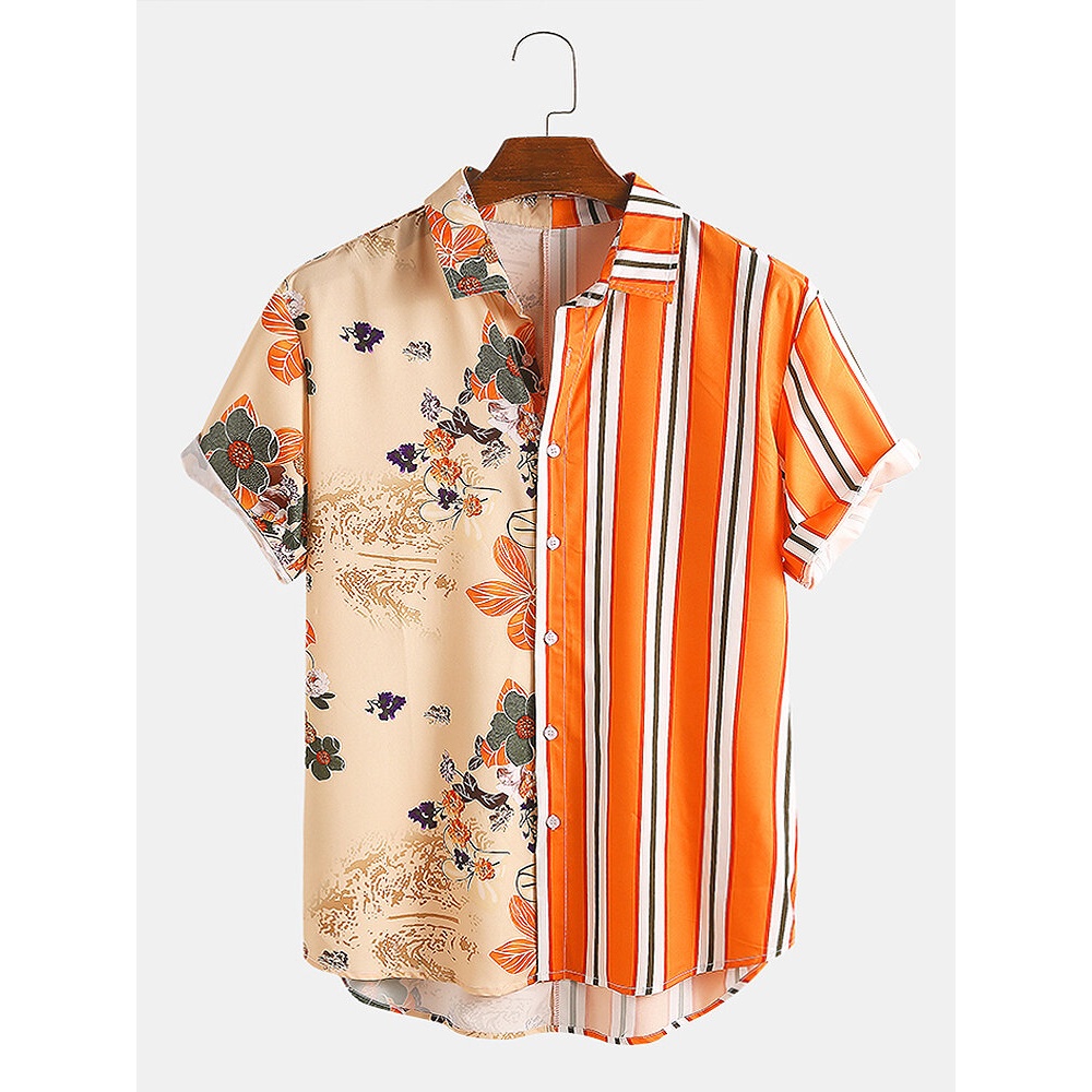 Men Tropical Plants Colorful Stripe Mixed Print Short Sleeve Casual Holiday Shirts - Orange M