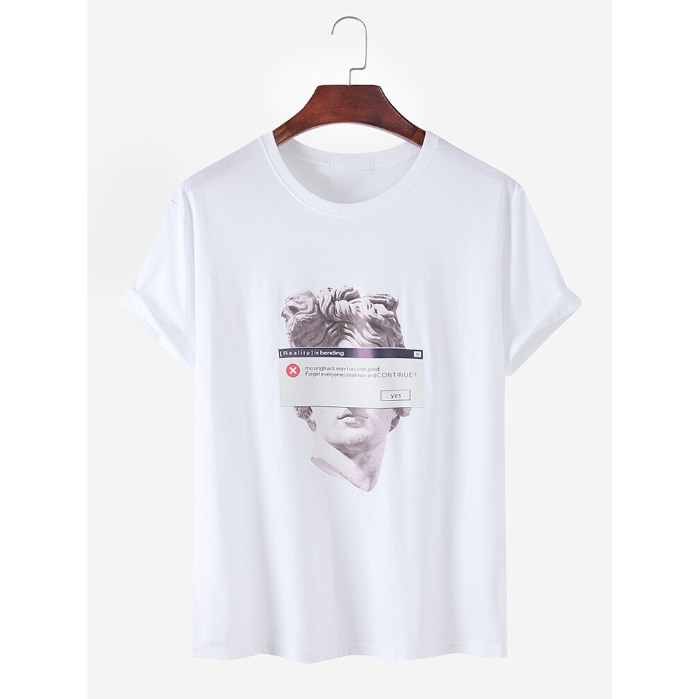 Mens Cotton Creativity Plaster Statue Print Short Sleeve Breathable T-Shirts - White S