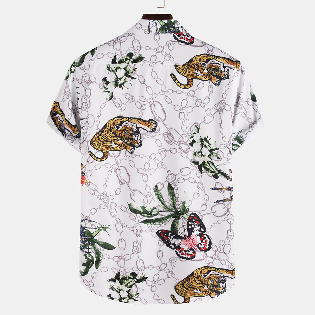 Men Tiger Butterfly Pattern Printed Summer Short Sleeve - 3XL White - Image 2