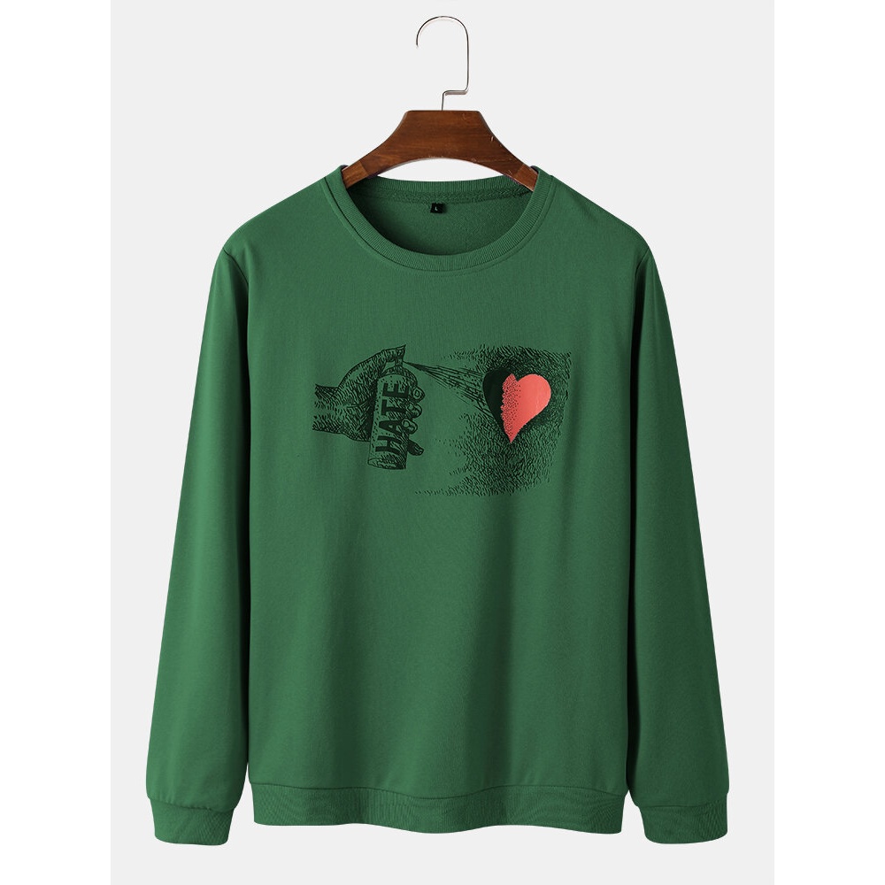 Mens Hate Heart Graphic Print Round Neck Cotton Street Sweatshirts - White L