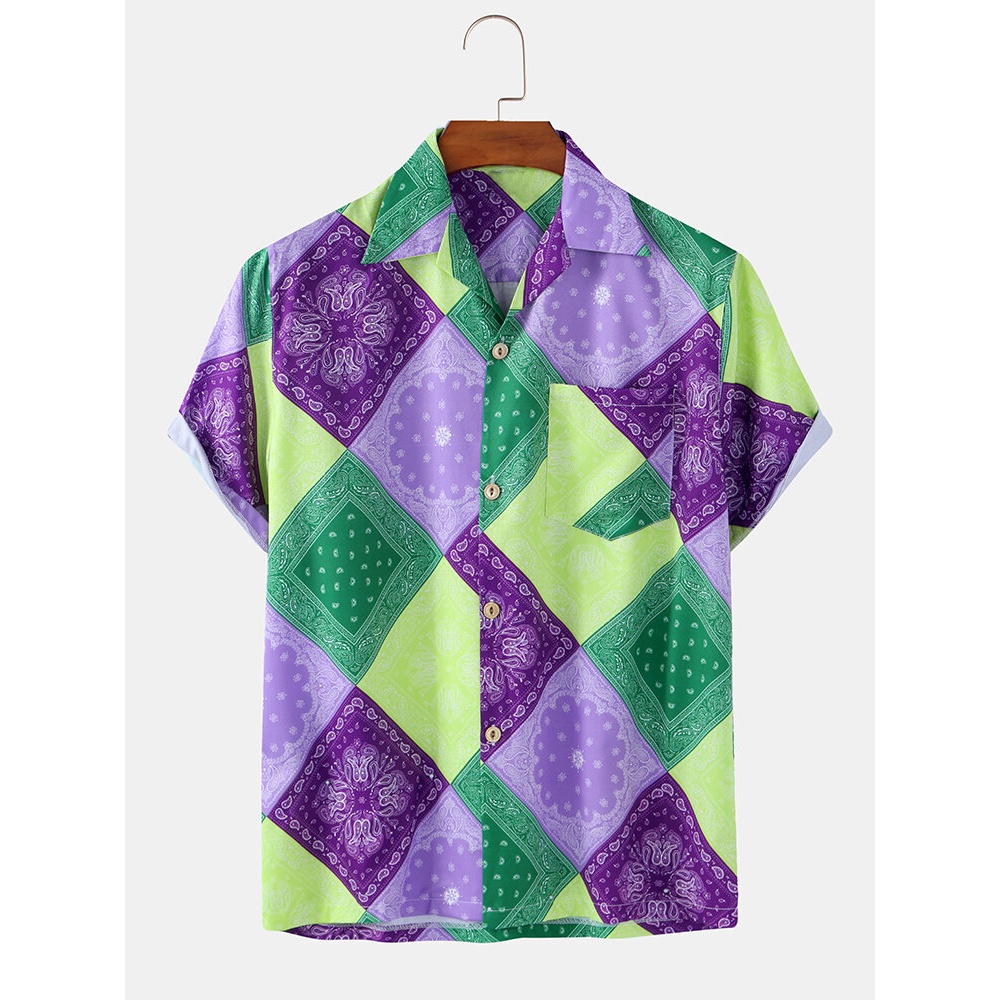 Mens Colorful Geometric Argyle Pattern Vitntage Print Short Sleeve Shirts - Yellow XL