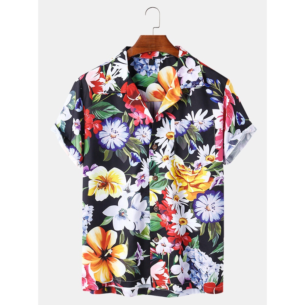 Mens Various Floral Print Pocket Short Sleeve Shirts For Hawaii Beach - Black 2XL