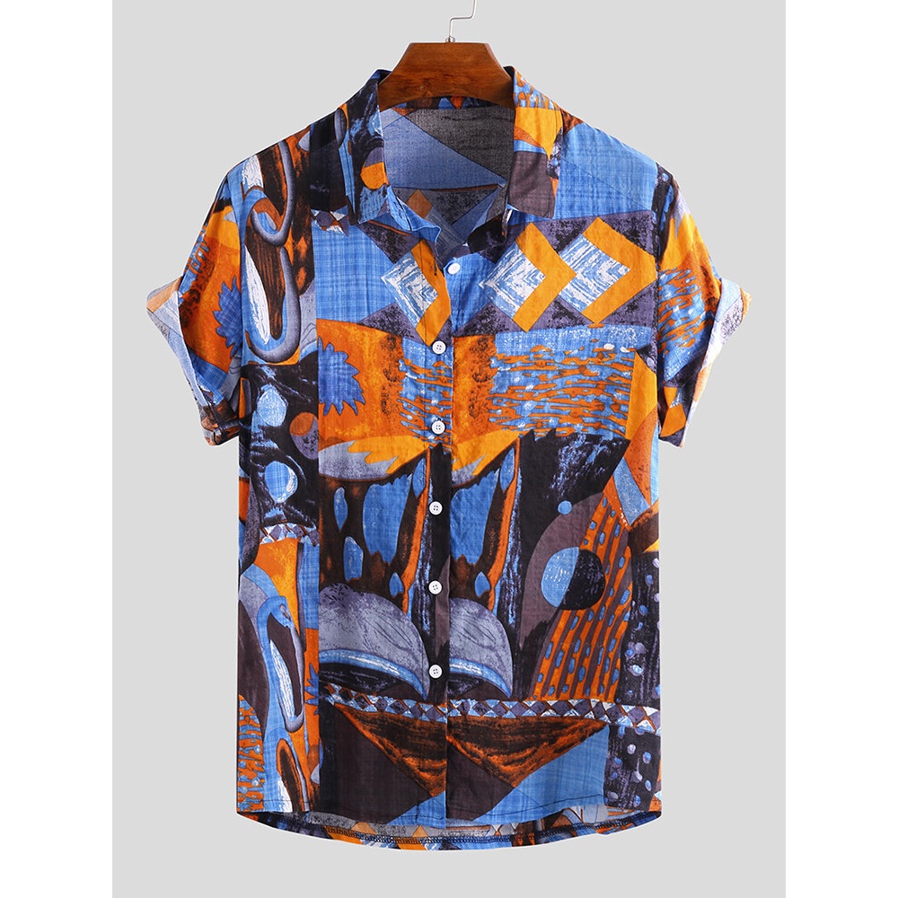 ChArmkpR Men Island Printed Batik Stripe Short Sleeve Shirts - 3XL Green