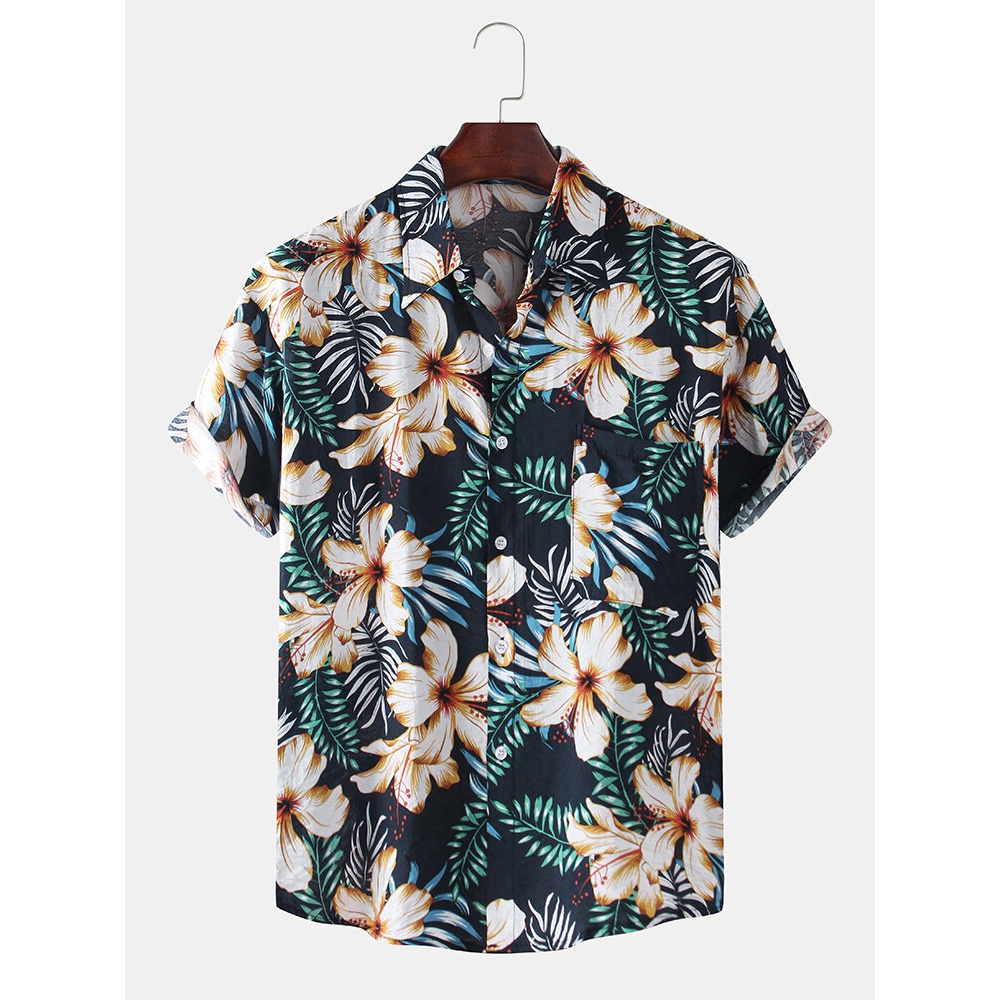 Mens Tropical Plants Floral Printed Casual Holiday Short Sleeve Shirts - Black S