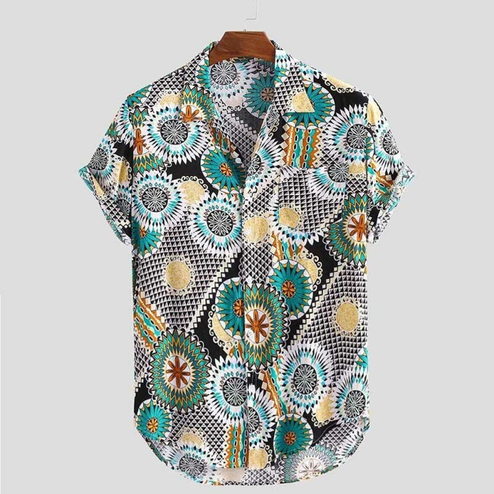 INCERUN Mens Short Sleeve Vintage Ethnic Printed Shirts Hawaiian Beach Party Blouse Tops - Green 3XL - Image 2